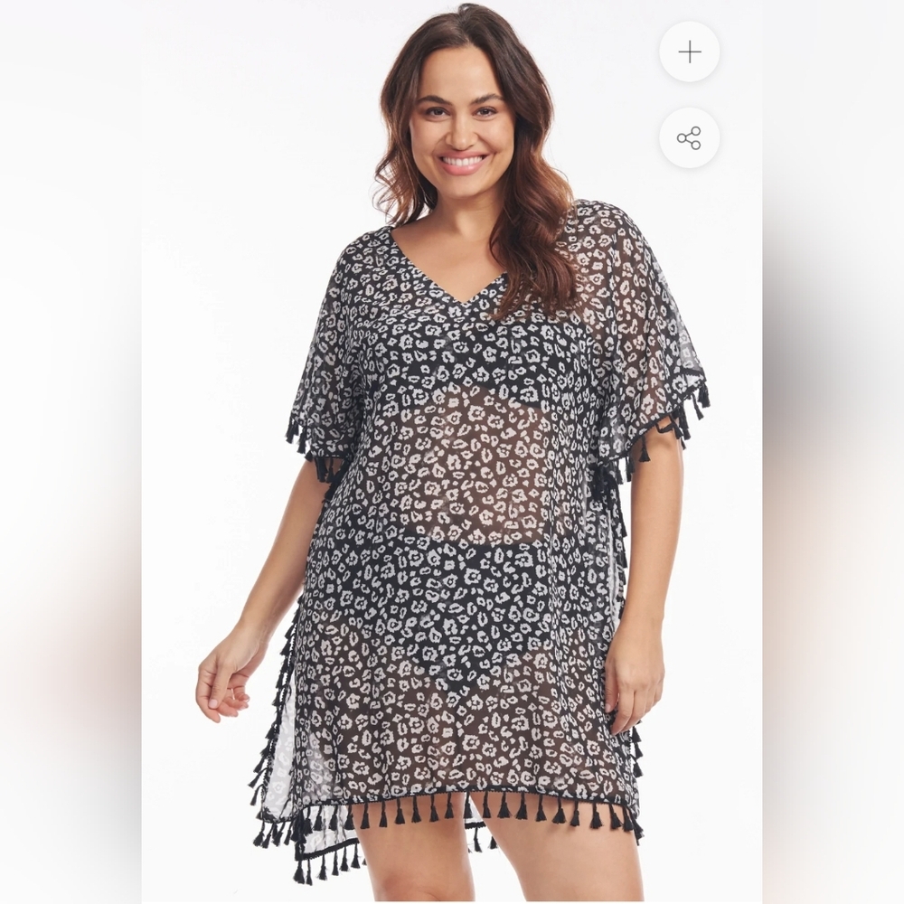 Mazu Swim  Kaftan Coverup with Tassel Trim in Tie Dye Cheetah